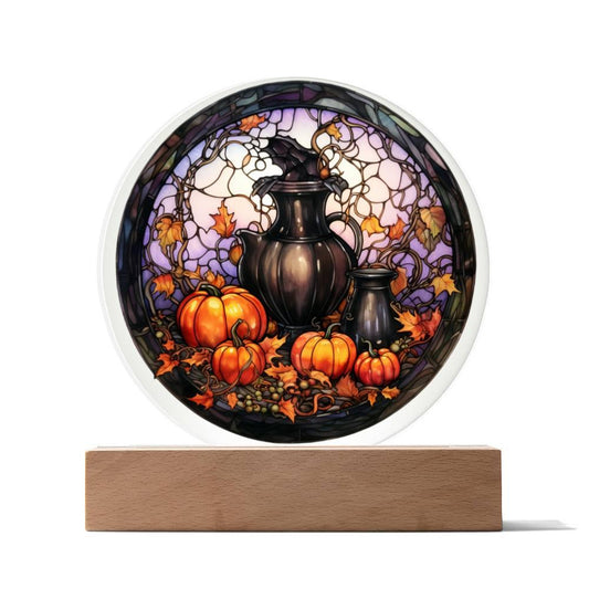 Spooky Halloween Decorations Round Acrylic Plaque with LED Lighted Base - Mallard Moon Gift Shop