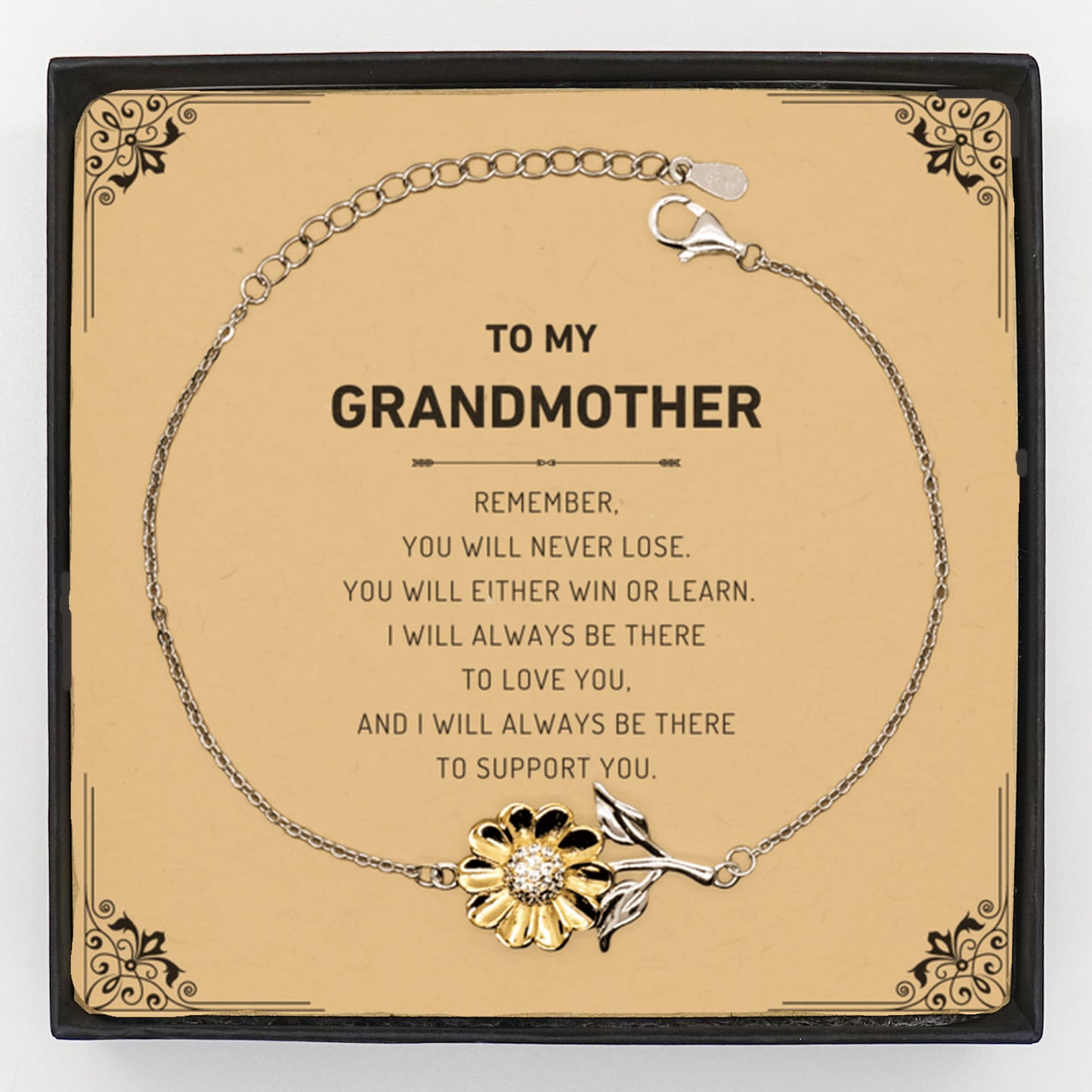 Grandmother Gifts, To My Grandmother Remember, you will never lose. You will either WIN or LEARN, Keepsake Sunflower Bracelet Birthday Christmas Gifts Ideas