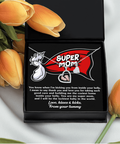 Supermom Baby Feet Pendant Necklace Love, Kisses and Kicks From Your Tummy - Mallard Moon Gift Shop