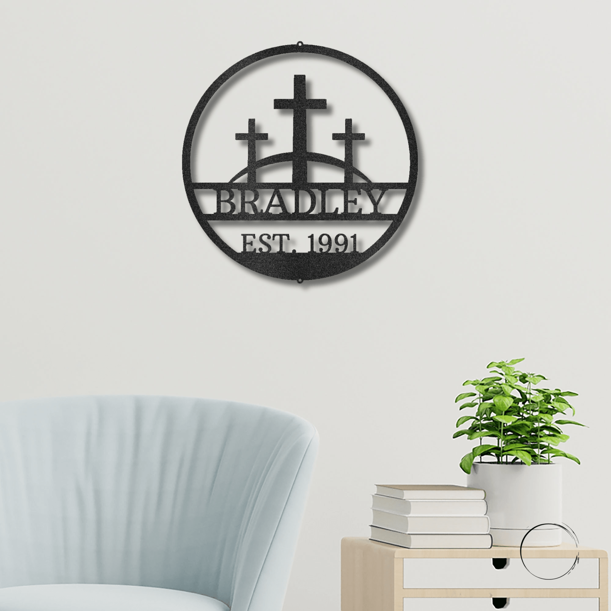 Three Crosses Monogram Custom Name Metal Wall Art Spiritual Decor - Mallard Moon Gift Shop