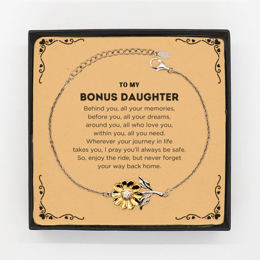 To My Bonus Daughter Gifts, Inspirational Bonus Daughter Sunflower Bracelet, Sentimental Birthday Christmas Unique Gifts For Bonus Daughter Behind you, all your memories, before you, all your dreams, around you, all who love you, within you, all you need - Mallard Moon Gift Shop