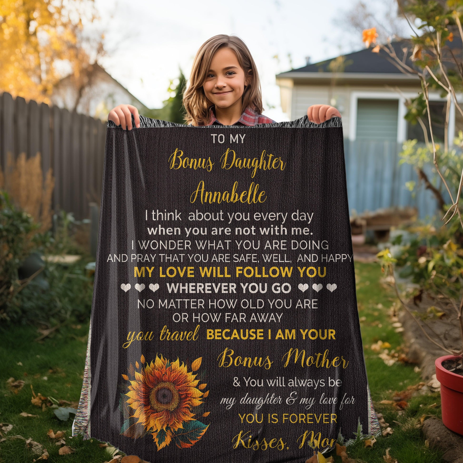 To My Bonus Daughter My Love Will Follow You Personalized Heirloom Woven Blanket - Mallard Moon Gift Shop