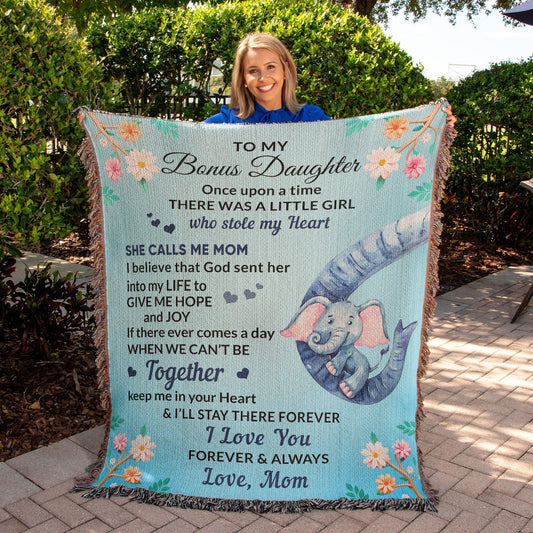 To My Bonus Daughter, You bring me Hope and Joy Heirloom Woven Blanket - Mallard Moon Gift Shop