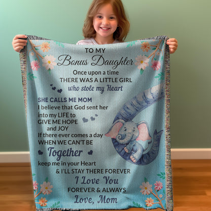 To My Bonus Daughter, You bring me Hope and Joy Heirloom Woven Blanket - Mallard Moon Gift Shop