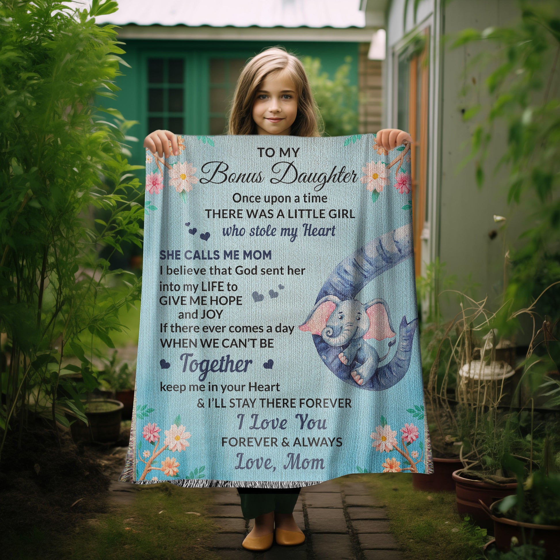 To My Bonus Daughter, You bring me Hope and Joy Heirloom Woven Blanket - Mallard Moon Gift Shop