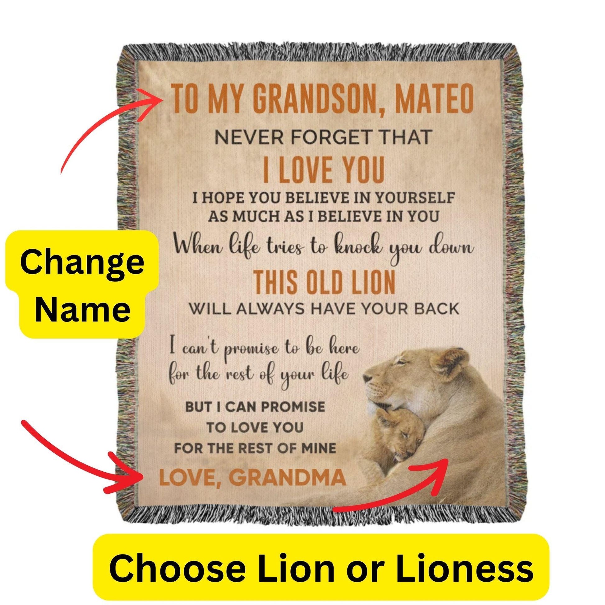 To My Grandson This Old Lion Will Always Have Your Back Personalized Heirloom Woven Blanket - Mallard Moon Gift Shop