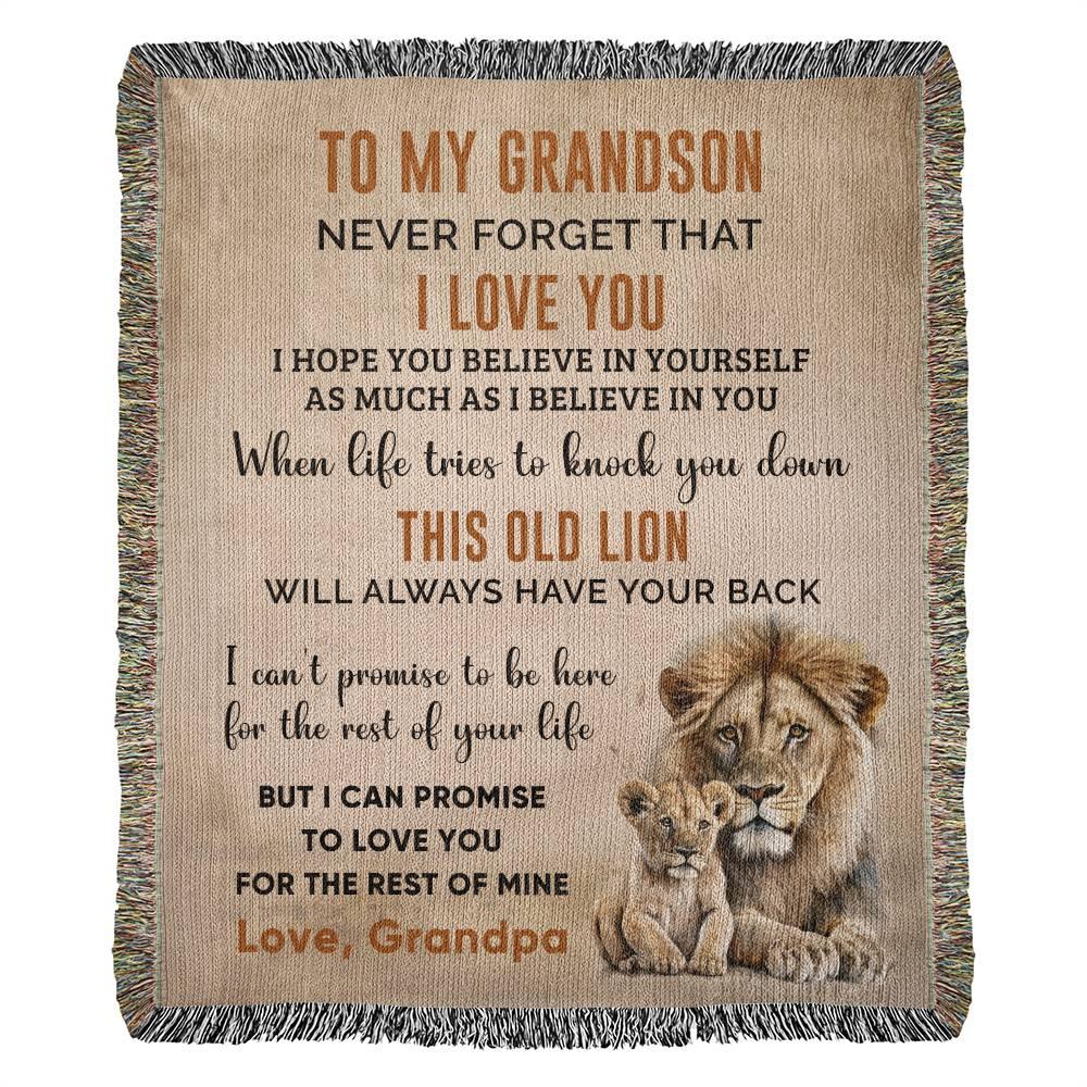 To My Grandson This Old Lion Will Always Have Your Back Personalized Heirloom Woven Blanket - Mallard Moon Gift Shop
