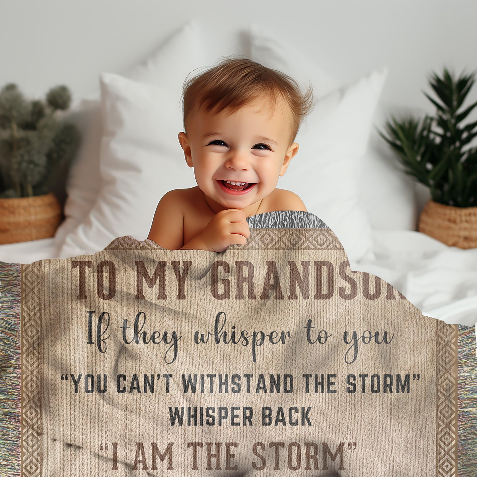 To My Grandson, Whisper Back, I am the Storm Heirloom Keepsake Woven Blanket - Mallard Moon Gift Shop