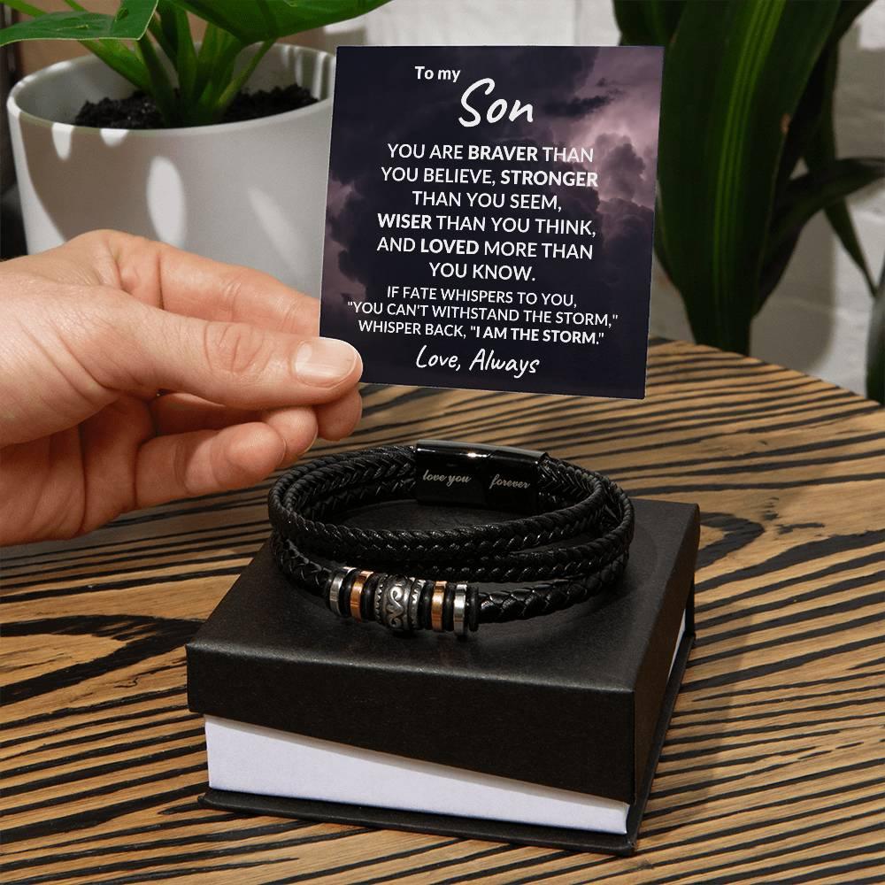 To My Son Braver Than You Believe Braided Leather Bracelet - Mallard Moon Gift Shop