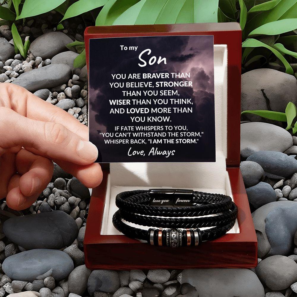 To My Son Braver Than You Believe Braided Leather Bracelet - Mallard Moon Gift Shop