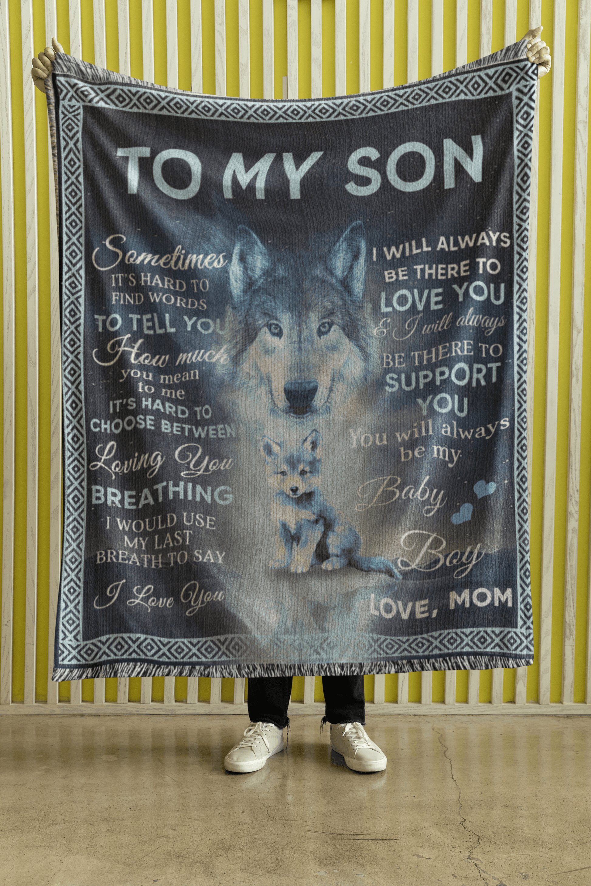To My Son - You Will Always Be My Baby Boy Wolf and Cub Heirloom Woven Blanket - Mallard Moon Gift Shop