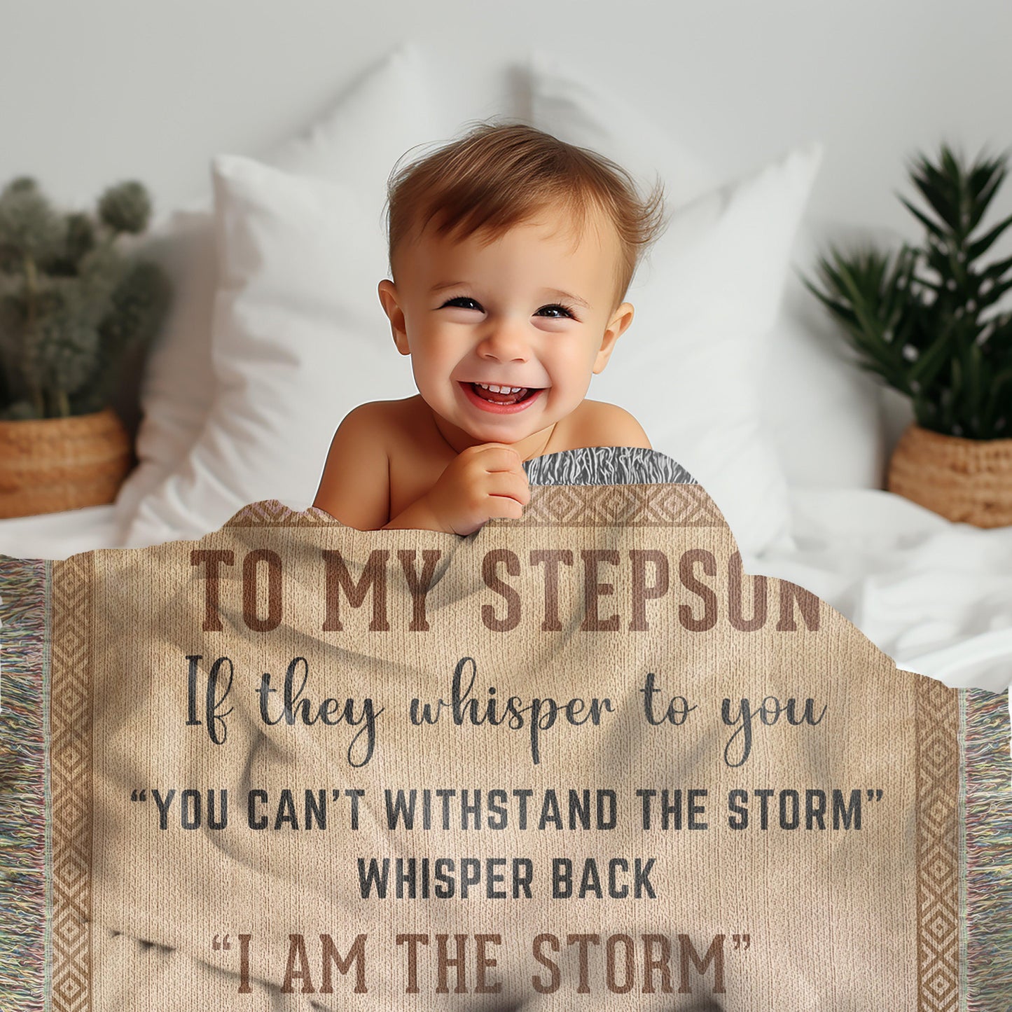 To My Stepson, Whisper Back, I am the Storm Heirloom Keepsake Woven Blanket - Mallard Moon Gift Shop