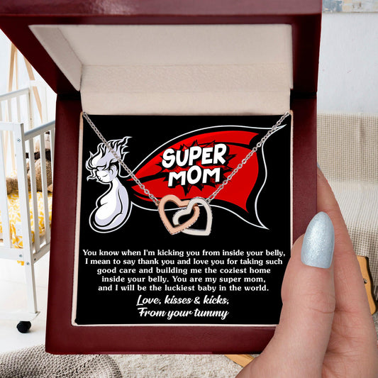 To My Super Mom To Be Kisses and Kicks from your Tummy Interlocking Hearts Necklace - Mallard Moon Gift Shop