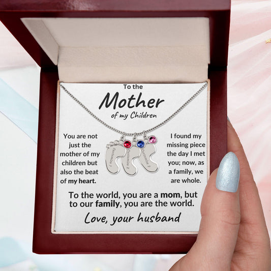 To the Mother of my Children Baby Feet Engraved Charms with Birthstone Necklace - Mallard Moon Gift Shop