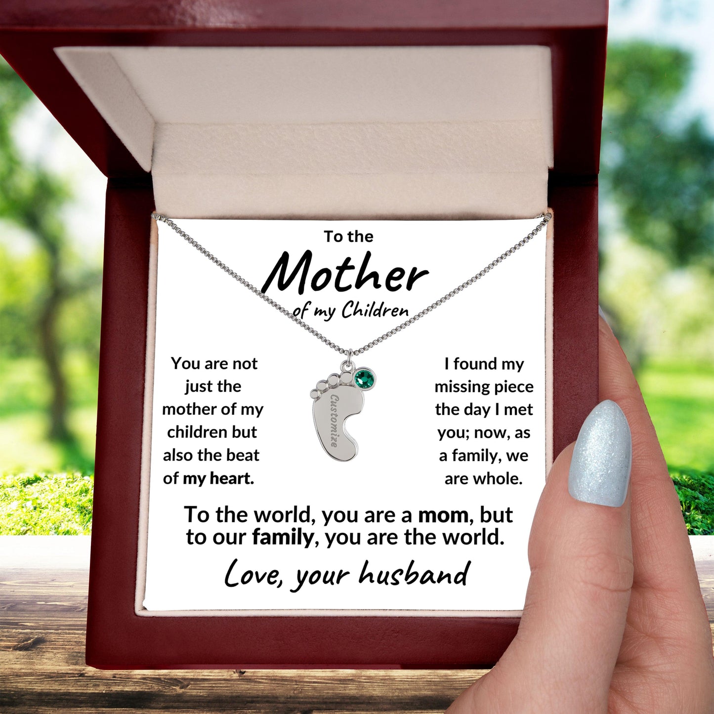 To the Mother of my Children Baby Feet Engraved Charms with Birthstone Necklace - Mallard Moon Gift Shop