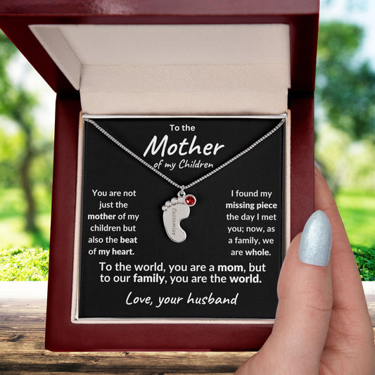 To the Mother of my Children You are the World Engraved Birthstone Baby Feet Charm Necklace - Mallard Moon Gift Shop