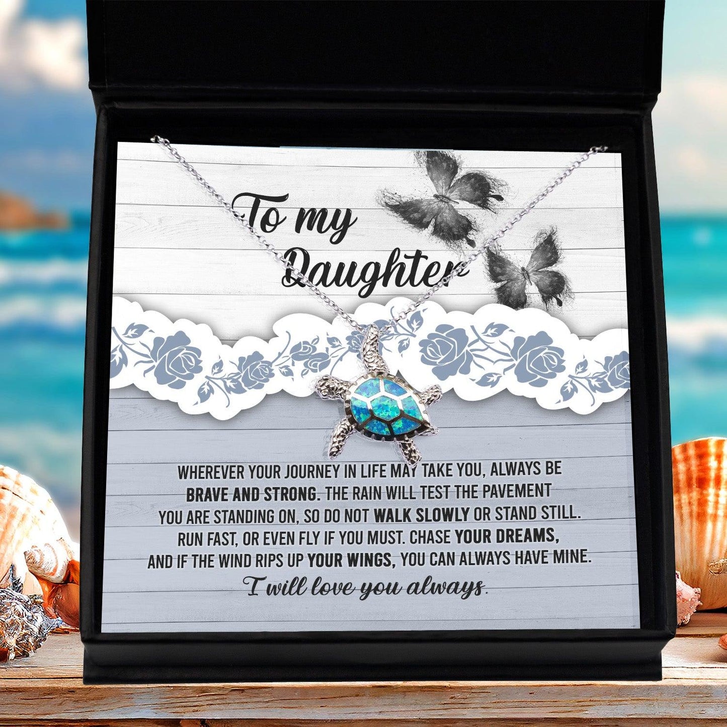 Daughter Wedding Day, Graduation, Birthday Gift - Chase Your Dreams Always Have My Wings - Opal Sea Turtle Pendant Necklace