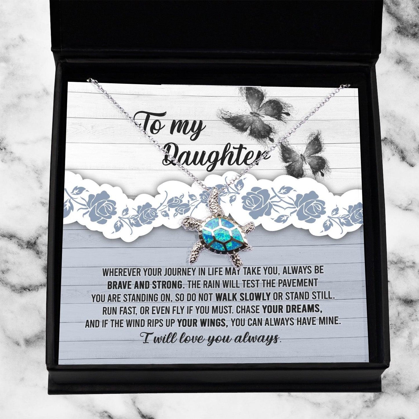 Daughter Wedding Day, Graduation, Birthday Gift - Chase Your Dreams Always Have My Wings - Opal Sea Turtle Pendant Necklace