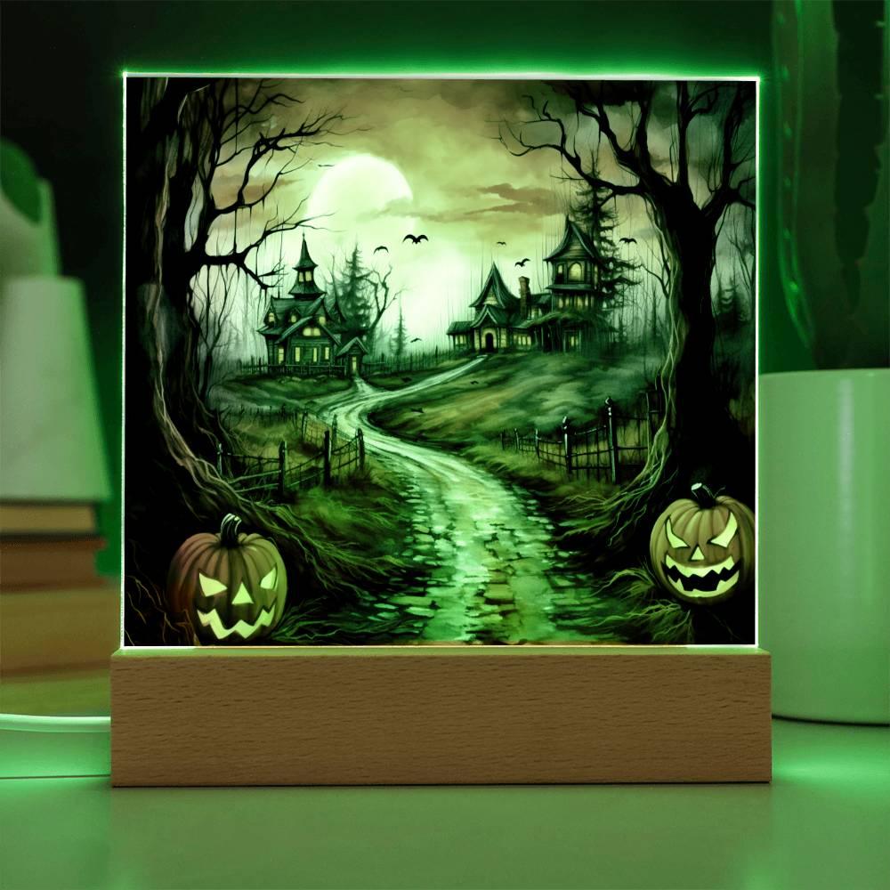 Twilight Terrace: Eerie Halloween Mansion Acrylic Plaque - Mallard Moon Gift Shop