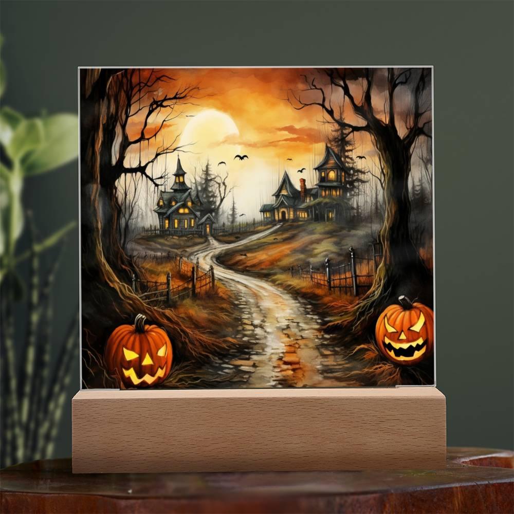 Twilight Terrace: Eerie Halloween Mansion Acrylic Plaque - Mallard Moon Gift Shop