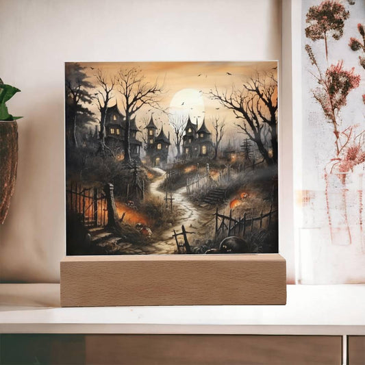 Unearthly Estate: Spooky Halloween Mansion Acrylic Artwork - Mallard Moon Gift Shop