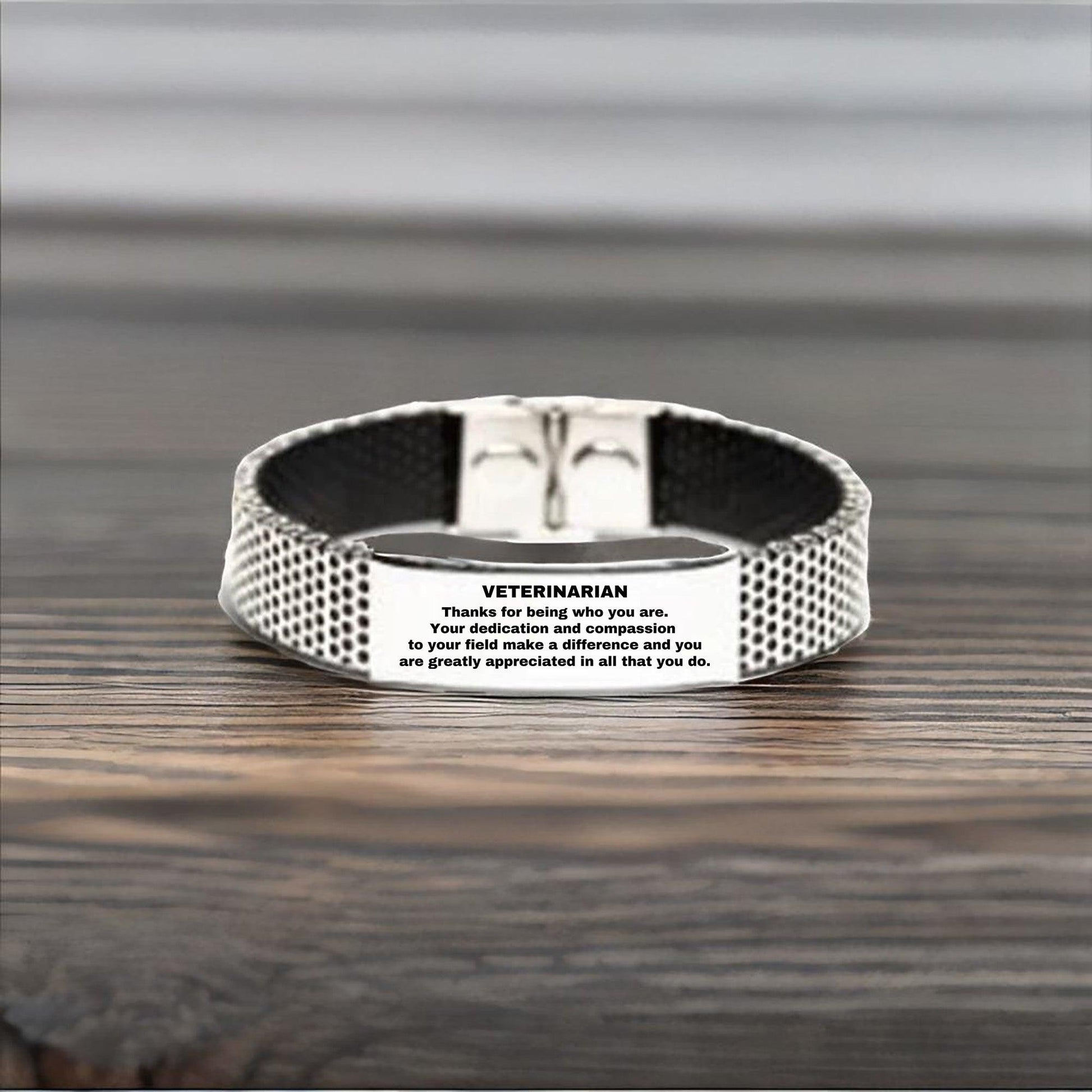 Veterinarian Silver Shark Mesh Stainless Steel Engraved Bracelet - Thanks for being who you are - Birthday Christmas Jewelry Gifts Coworkers Colleague Boss - Mallard Moon Gift Shop