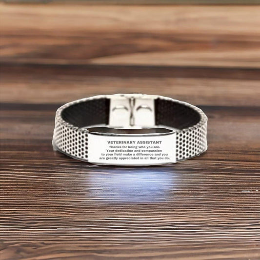 Veterinary Assistant Silver Shark Mesh Stainless Steel Engraved Bracelet - Thanks for being who you are - Birthday Christmas Jewelry Gifts Coworkers Colleague Boss - Mallard Moon Gift Shop