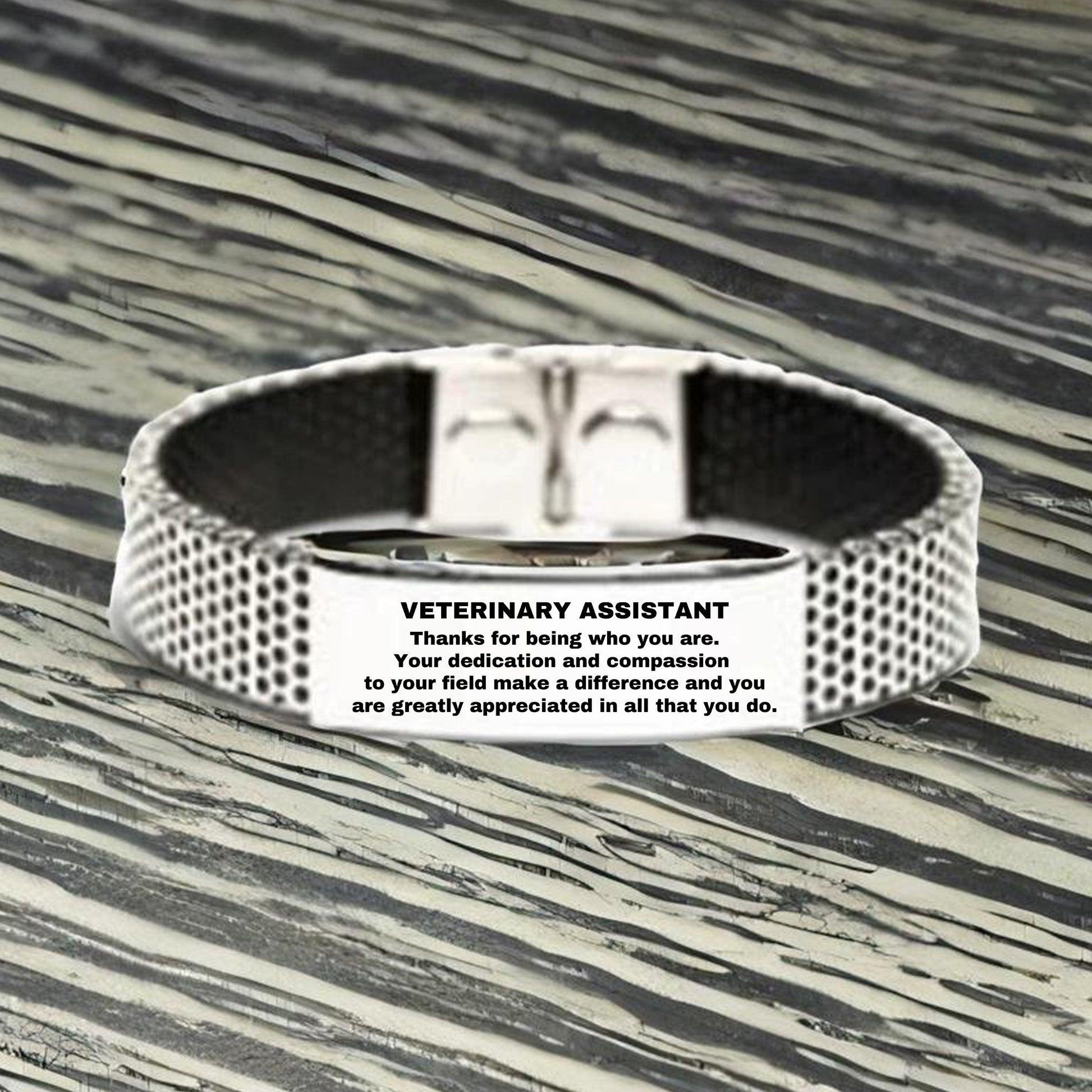 Veterinary Assistant Silver Shark Mesh Stainless Steel Engraved Bracelet - Thanks for being who you are - Birthday Christmas Jewelry Gifts Coworkers Colleague Boss - Mallard Moon Gift Shop