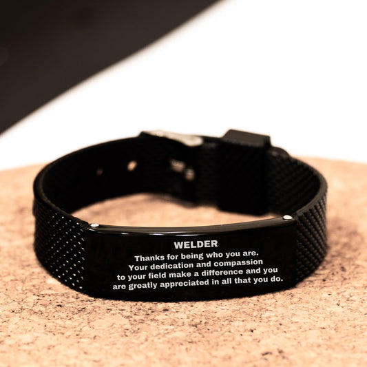 Welder Black Shark Mesh Stainless Steel Engraved Bracelet - Thanks for being who you are - Birthday Christmas Jewelry Gifts Coworkers Colleague Boss - Mallard Moon Gift Shop