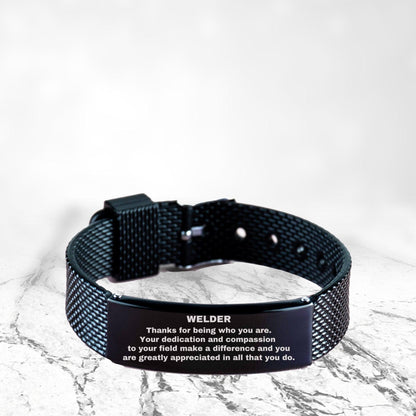 Welder Black Shark Mesh Stainless Steel Engraved Bracelet - Thanks for being who you are - Birthday Christmas Jewelry Gifts Coworkers Colleague Boss - Mallard Moon Gift Shop