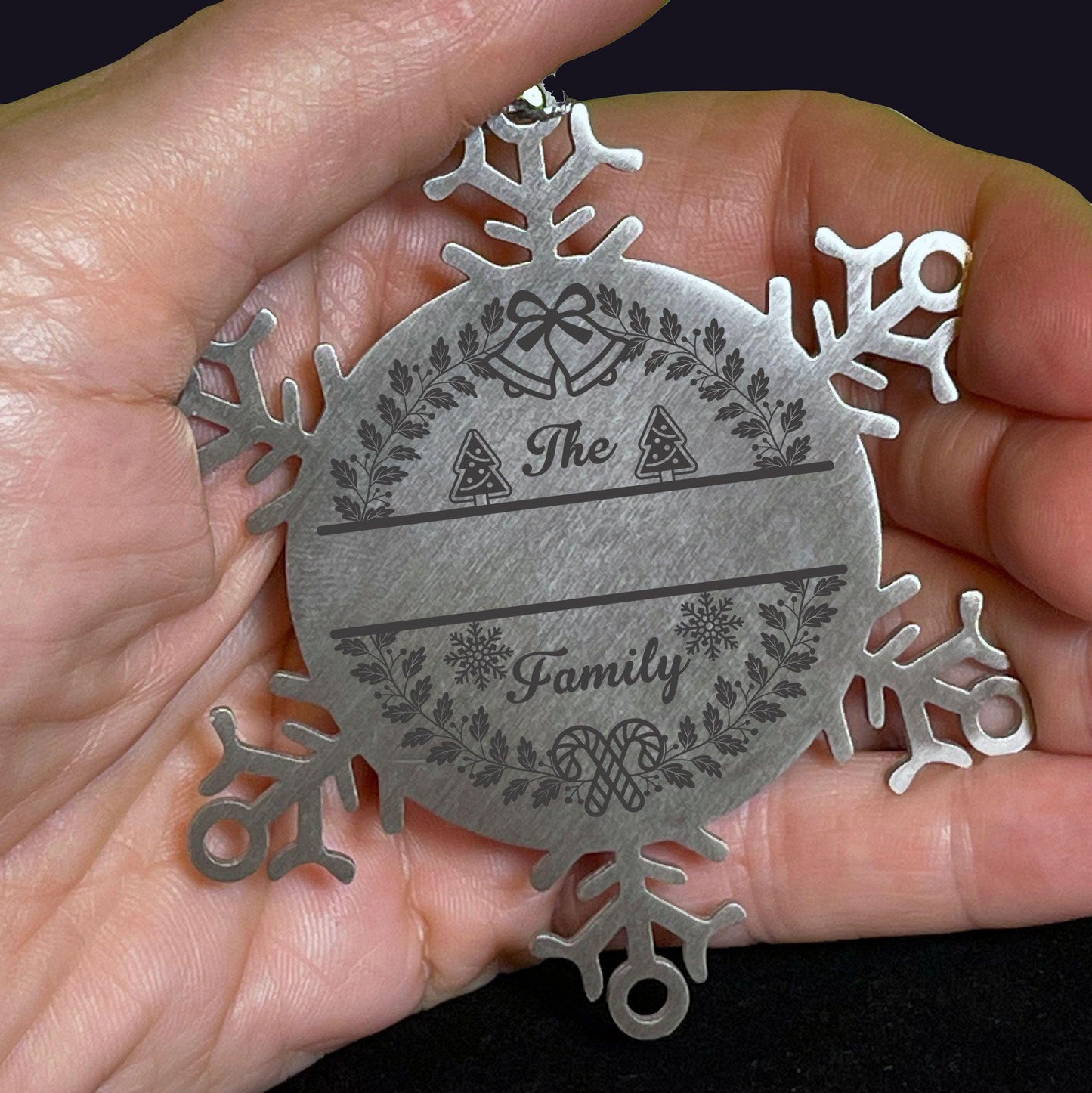 Personalized Snowflake Tree Ornament Family Name Laser Engraved Stainless Steel