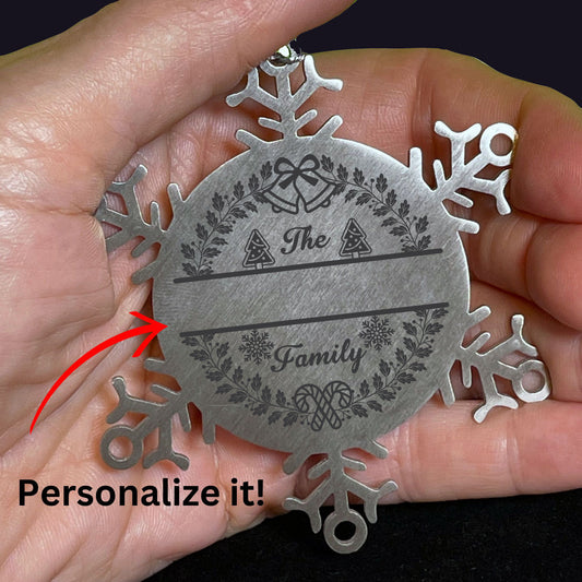 Personalized Snowflake Tree Ornament Family Name Laser Engraved Stainless Steel
