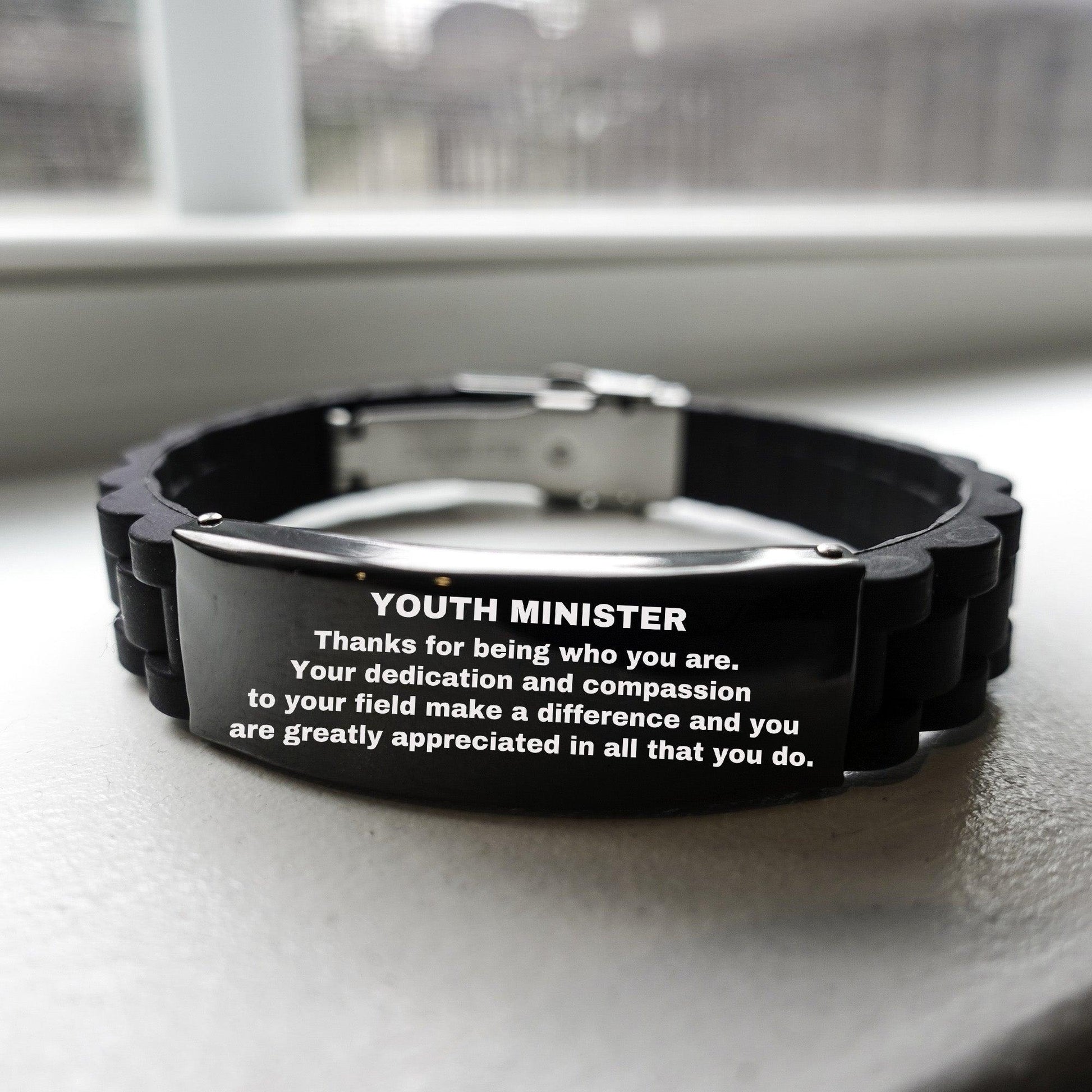 Youth Minister Black Glidelock Clasp Engraved Bracelet - Thanks for being who you are - Birthday Christmas Jewelry Gifts Coworkers Colleague Boss - Mallard Moon Gift Shop