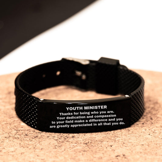 Youth Minister Black Shark Mesh Stainless Steel Engraved Bracelet - Thanks for being who you are - Birthday Christmas Jewelry Gifts Coworkers Colleague Boss - Mallard Moon Gift Shop
