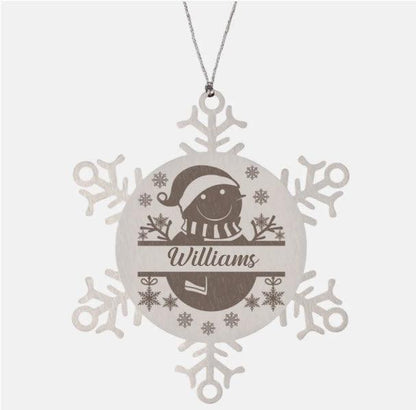 Personalized Snowman Snowflake Tree Ornament Family Name Laser Engraved Stainless Steel - Mallard Moon Gift Shop