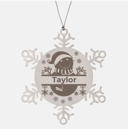 Personalized Snowman Snowflake Tree Ornament Family Name Laser Engraved Stainless Steel - Mallard Moon Gift Shop