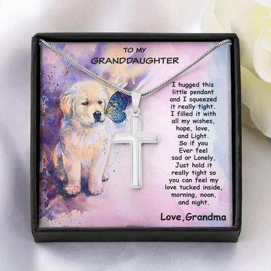 Granddaughter Custom Engraved Cross Pendant Necklace Puppy Message Card - Mallard Moon Gift Shop