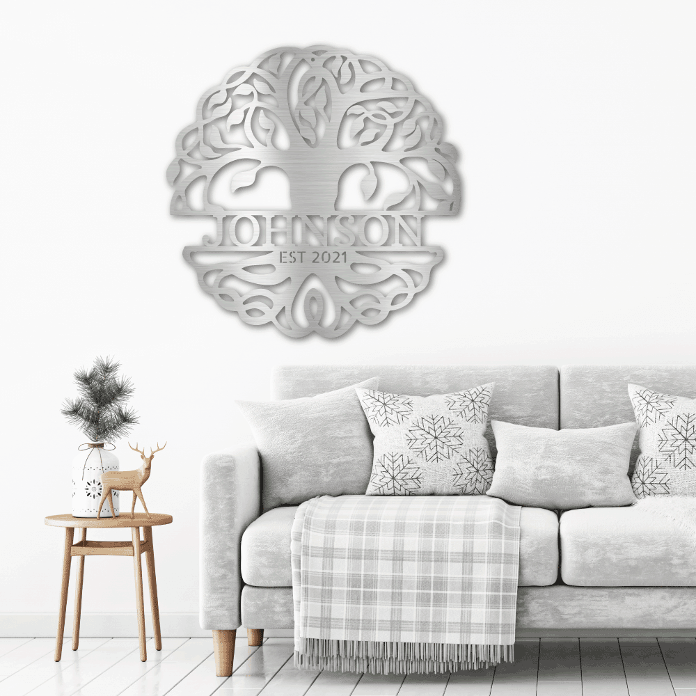 Fancy Tree of Life Monogram Personalized Metal Art Wall Sign - Mallard Moon Gift Shop