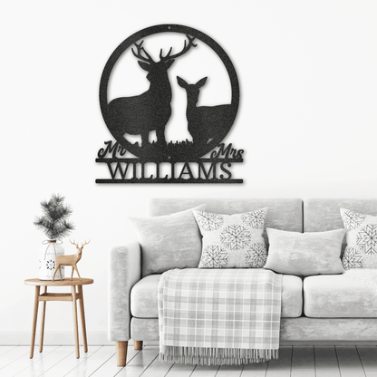 Deer Stag and Doe Mr and Mrs Custom Name Metal Art Wall Sign - Mallard Moon Gift Shop