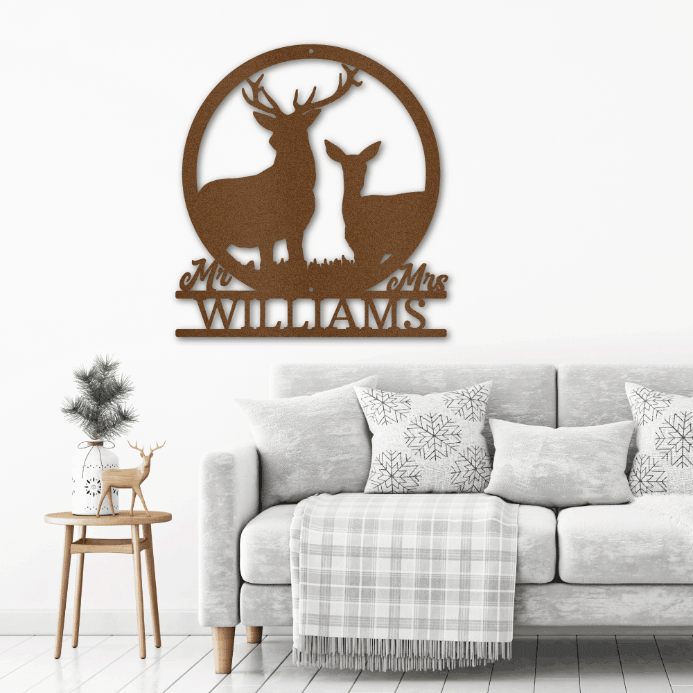 Deer Stag and Doe Mr and Mrs Custom Name Metal Art Wall Sign - Mallard Moon Gift Shop