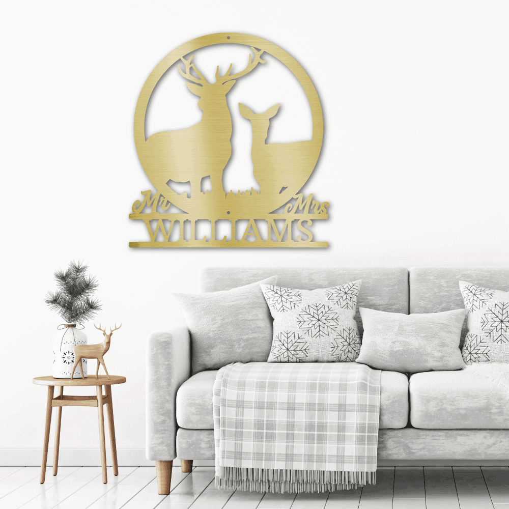 Deer Stag and Doe Mr and Mrs Custom Name Metal Art Wall Sign - Mallard Moon Gift Shop