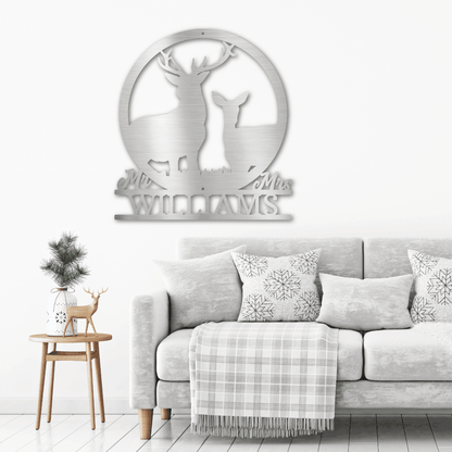 Deer Stag and Doe Mr and Mrs Custom Name Metal Art Wall Sign - Mallard Moon Gift Shop