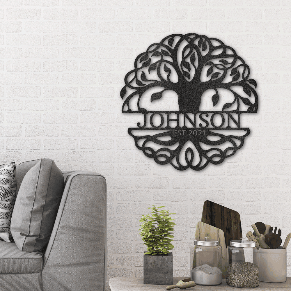 Fancy Tree of Life Monogram Personalized Metal Art Wall Sign