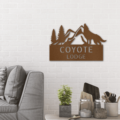 Coyote and Mountains Custom Name Metal Wall Sign - Mallard Moon Gift Shop
