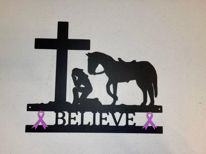 Cancer Ribbon Believe Cowgirl Kneeling at Cross  Metal Art - Mallard Moon Gift Shop