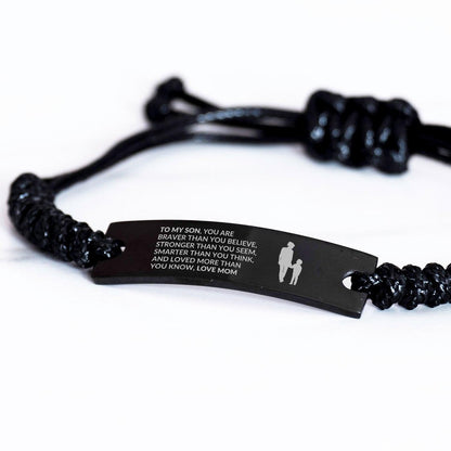 Gift for Son Handmade Black Engraved Braided Rope Bracelet - Mallard Moon Gift Shop