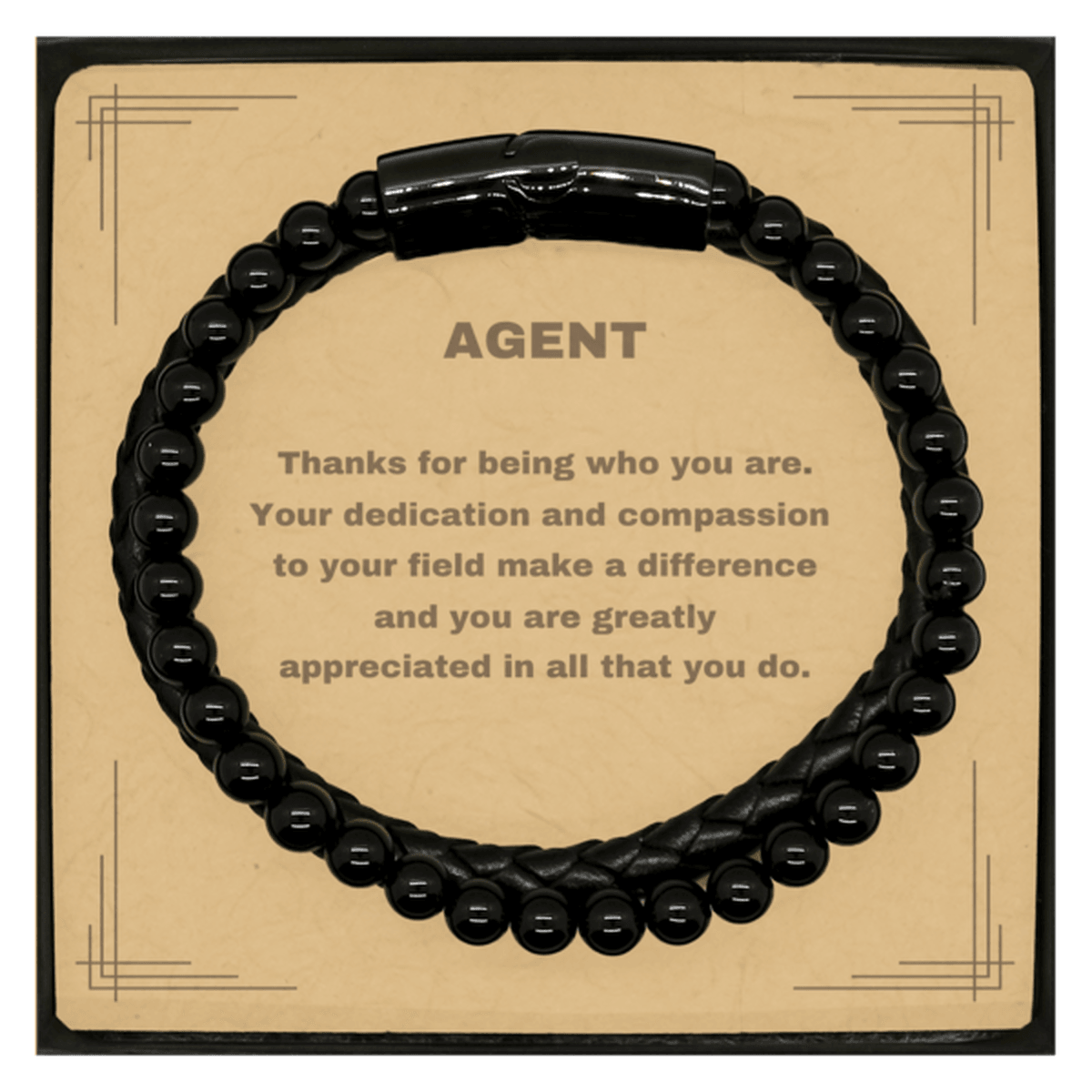 Agent Black Braided Stone Leather Bracelet - Thanks for being who you are - Birthday Christmas Jewelry Gifts Coworkers Colleague Boss - Mallard Moon Gift Shop