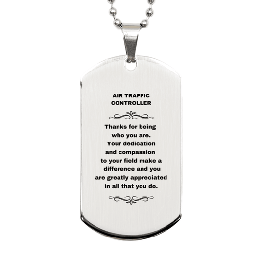 Air Traffic Controller Silver Dog Tag Engraved Necklace - Thanks for being who you are - Birthday Christmas Jewelry Gifts Coworkers Colleague Boss - Mallard Moon Gift Shop