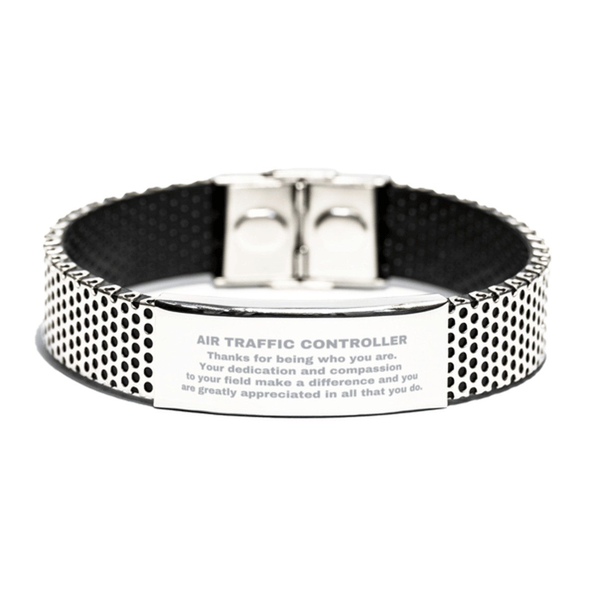 Air Traffic Controller Silver Shark Mesh Stainless Steel Engraved Bracelet - Thanks for being who you are - Birthday Christmas Jewelry Gifts Coworkers Colleague Boss - Mallard Moon Gift Shop