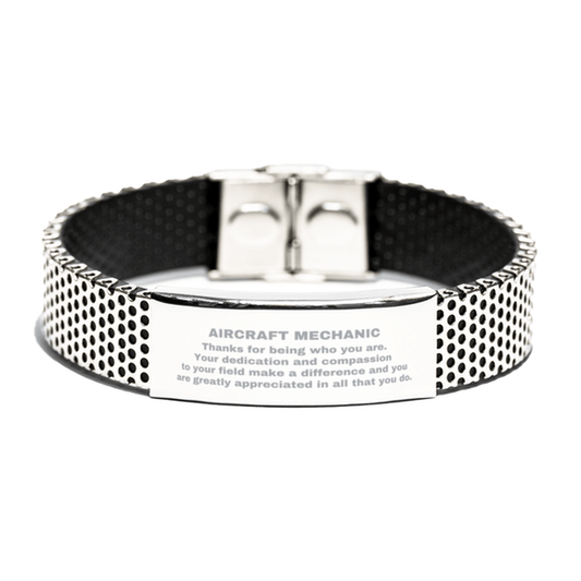 Aircraft Mechanic Silver Shark Mesh Stainless Steel Engraved Bracelet - Thanks for being who you are - Birthday Christmas Jewelry Gifts Coworkers Colleague Boss - Mallard Moon Gift Shop